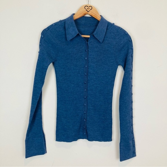 Altuzarra dusty blue button front polo collar wool and cashmere sweater. Small - Picture 1 of 6